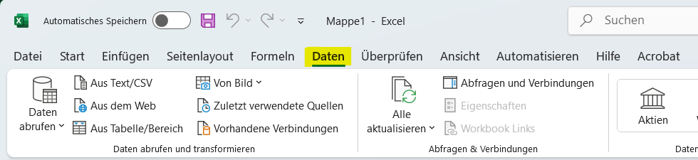 Excel-Menüband mit dem markierten Reiter Daten