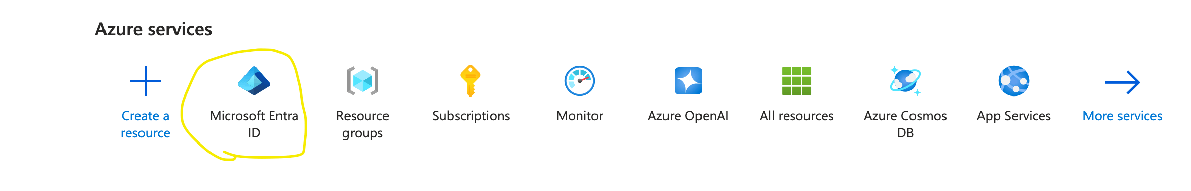 Azure-Portal mit dem hervorgehobenen Eintrag Microsoft Entra ID in der Dienste-Übersicht