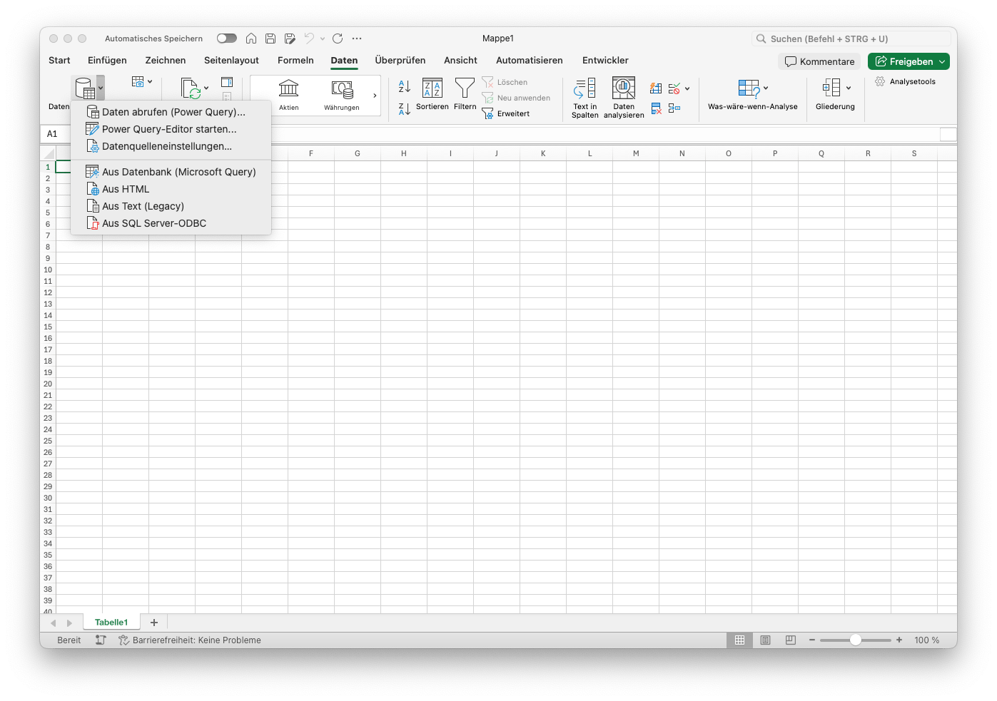 Excel-Menüband auf dem Mac mit dem Pfeil neben Daten abrufen zum Starten des Power-Query-Editors