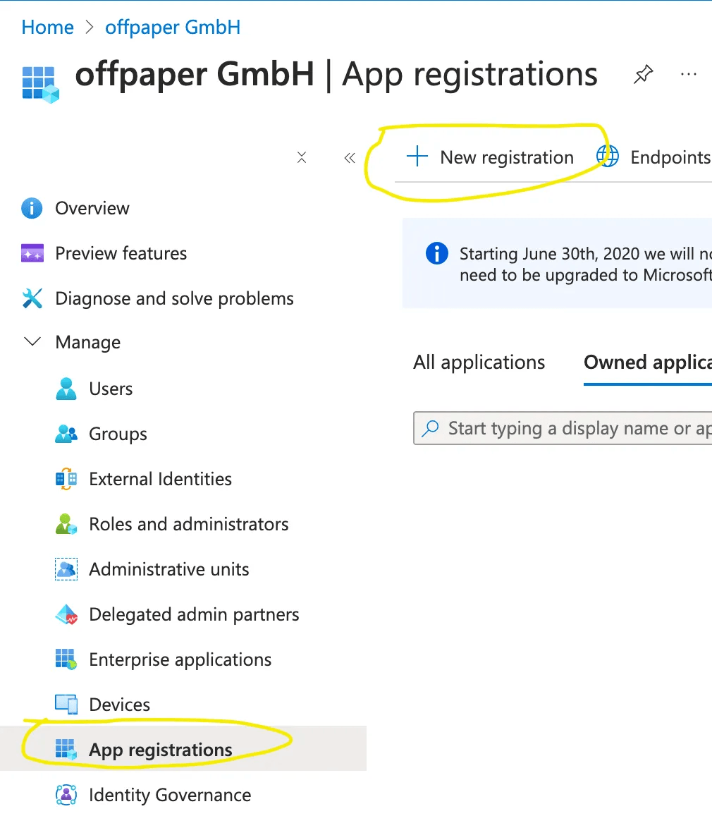 Menüpunkt App registrations in Microsoft Entra ID mit dem Button New registration