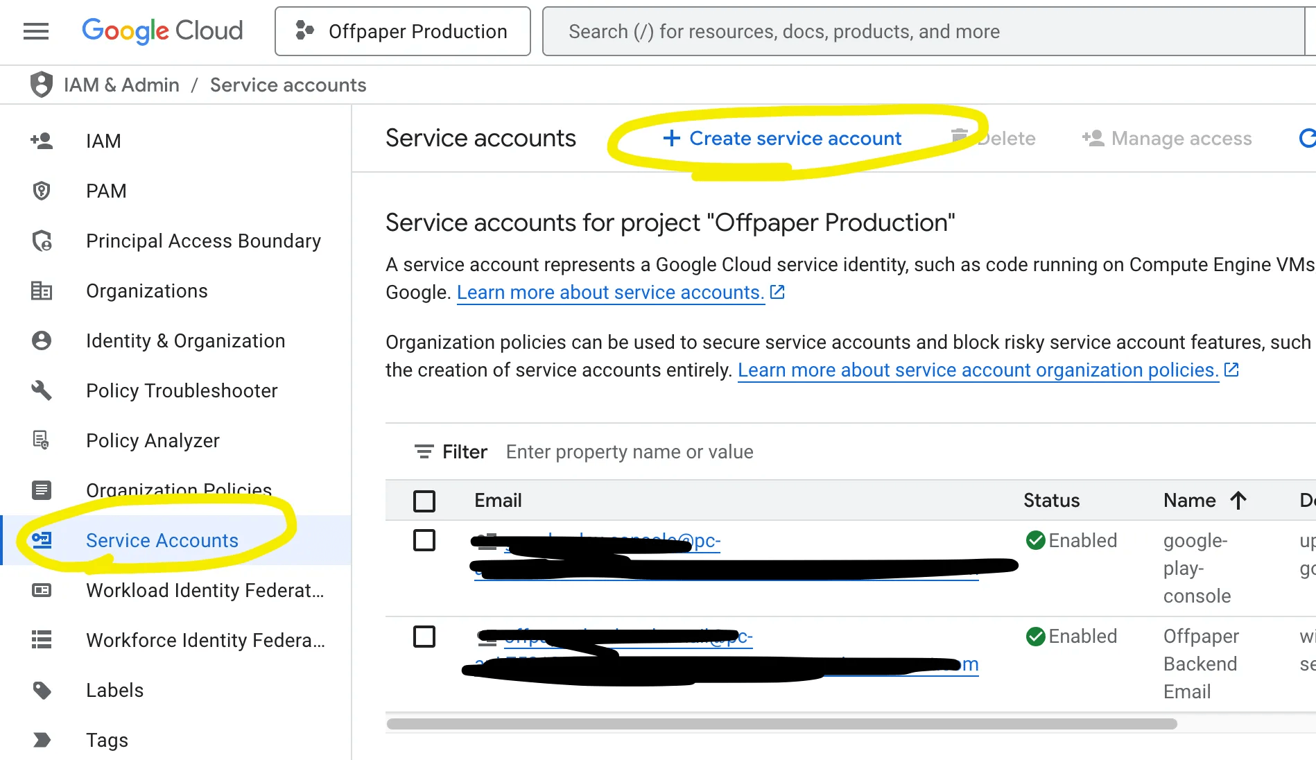 Übersicht der Dienstkonten in der Google Cloud mit dem Button zum Erstellen eines Dienstkontos