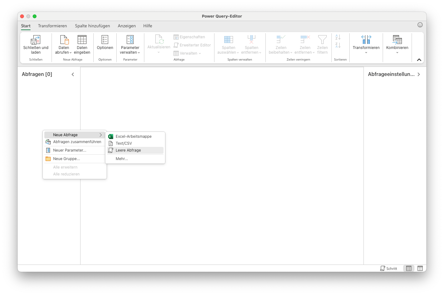 Kontextmenü im Power-Query-Editor auf dem Mac mit dem Pfad Neue Abfrage, Leere Abfrage