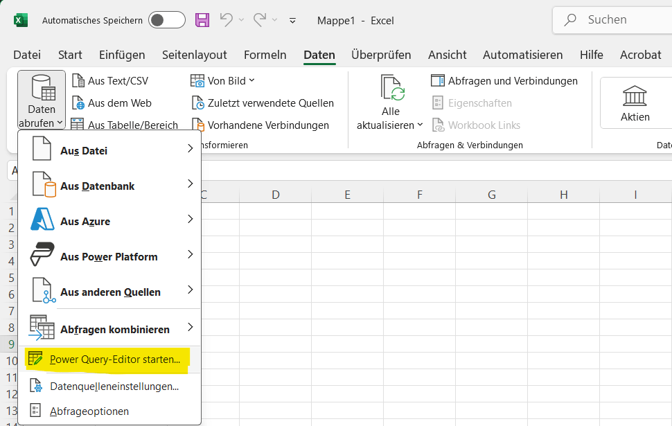 Menü Daten abrufen mit dem Eintrag Power-Query-Editor starten
