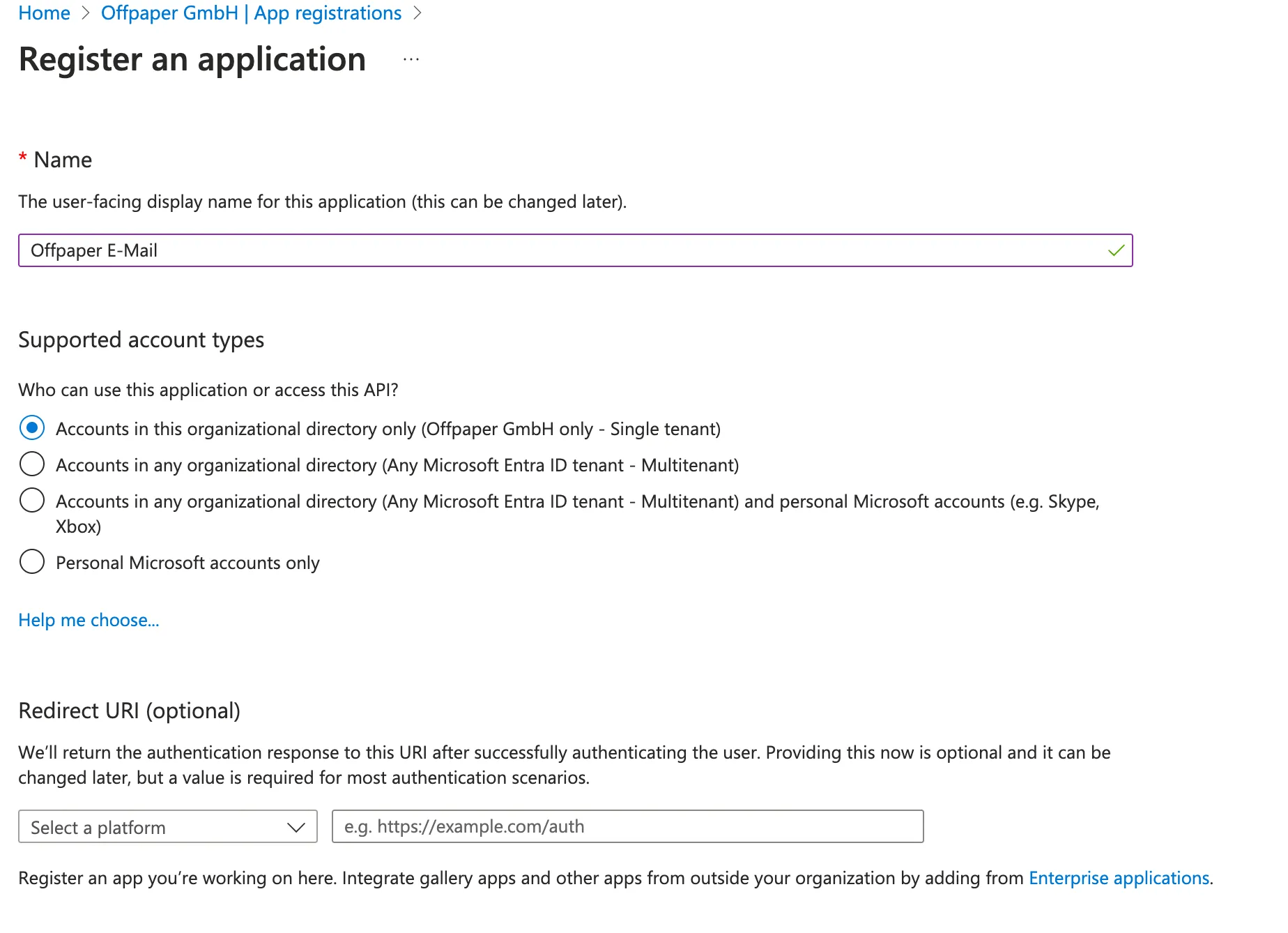 Registrierungsformular mit dem eingetragenen Anwendungsnamen und dem Button Register