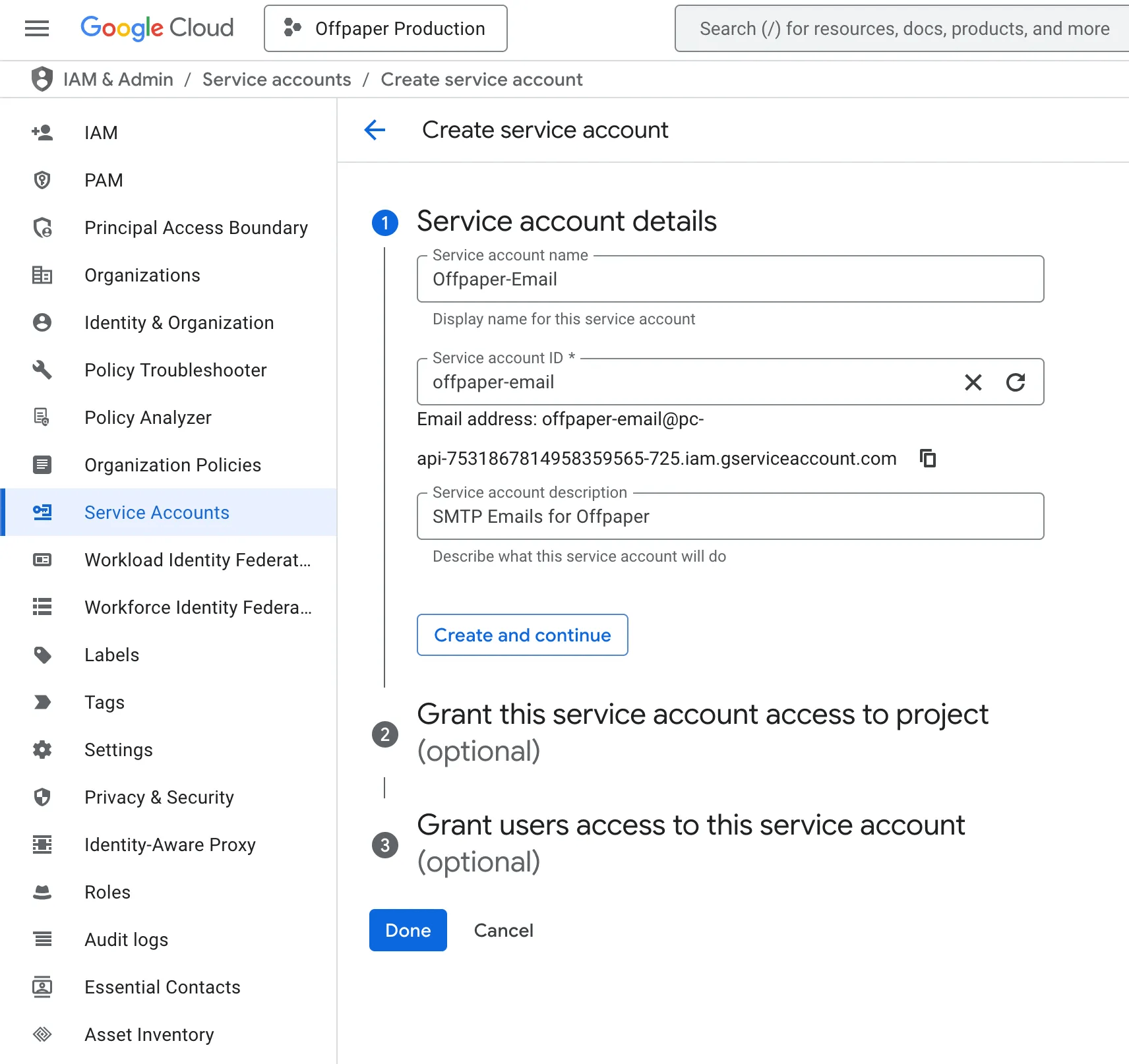 Formular zum Anlegen eines Dienstkontos mit eingetragenem Namen und dem Button Fertig