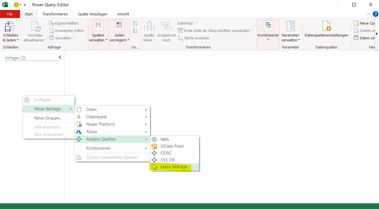 Kontextmenü im Power-Query-Editor mit dem Pfad Neue Abfrage, Andere Quellen, Leere Abfrage