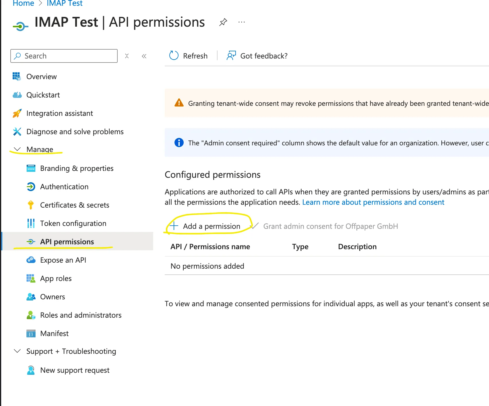 Ansicht API permissions der neu angelegten Anwendung mit dem Button Add a permission