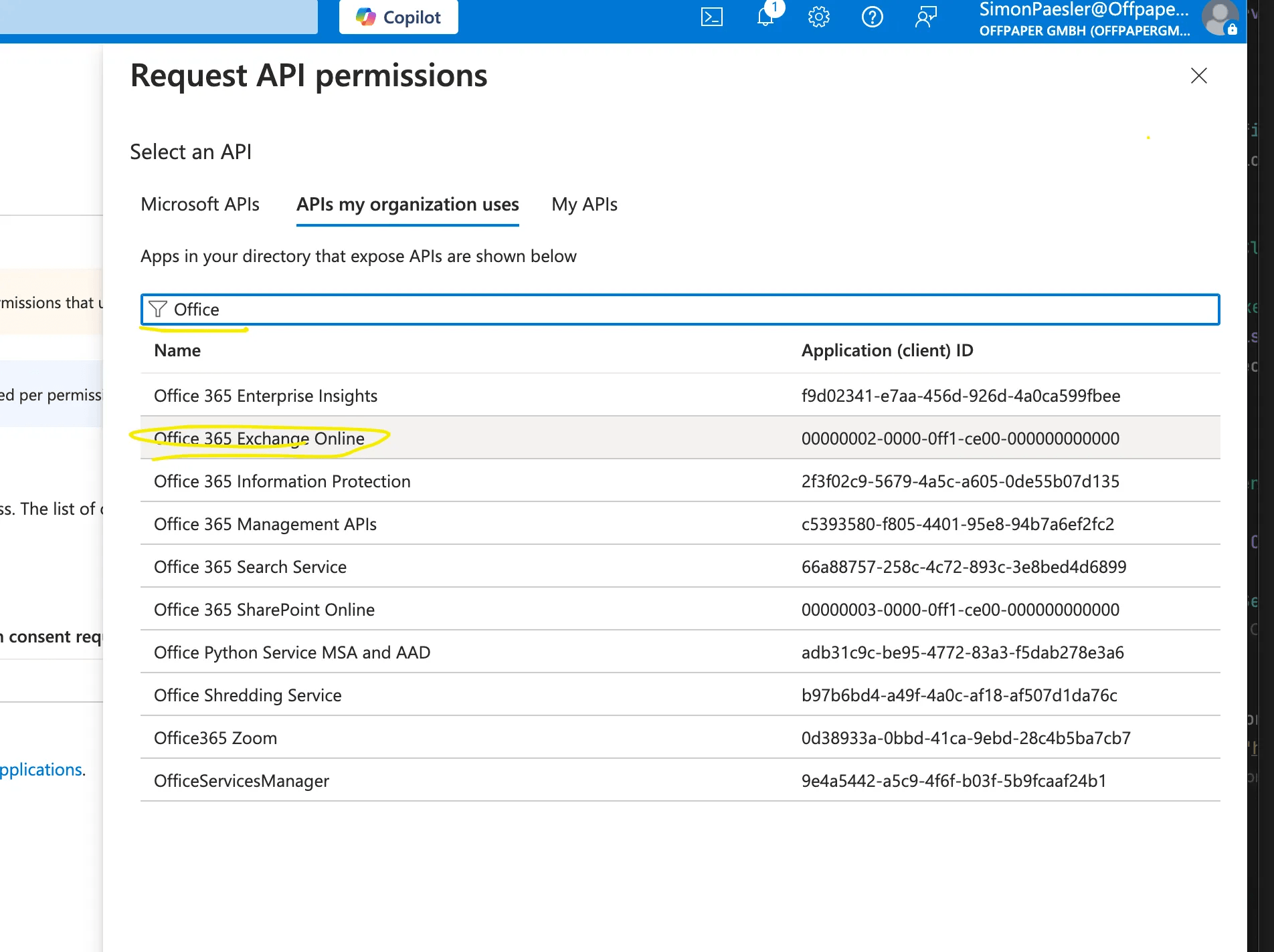 Auswahlliste der APIs mit dem Suchbegriff Office und dem markierten Eintrag Office 365 Exchange Online