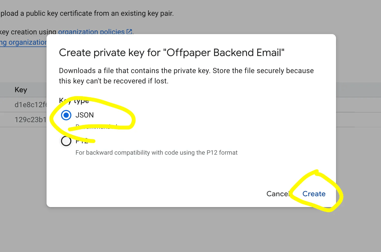 Dialog zur Auswahl des Schlüsselformats mit der markierten Option JSON