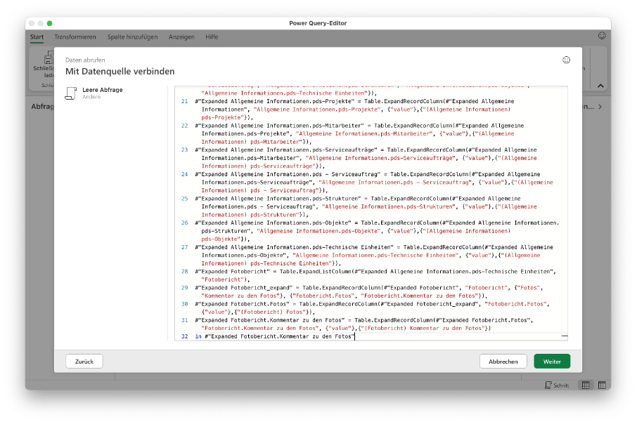 Power-Query-Editor auf dem Mac mit eingefügtem Skript und dem Button Weiter