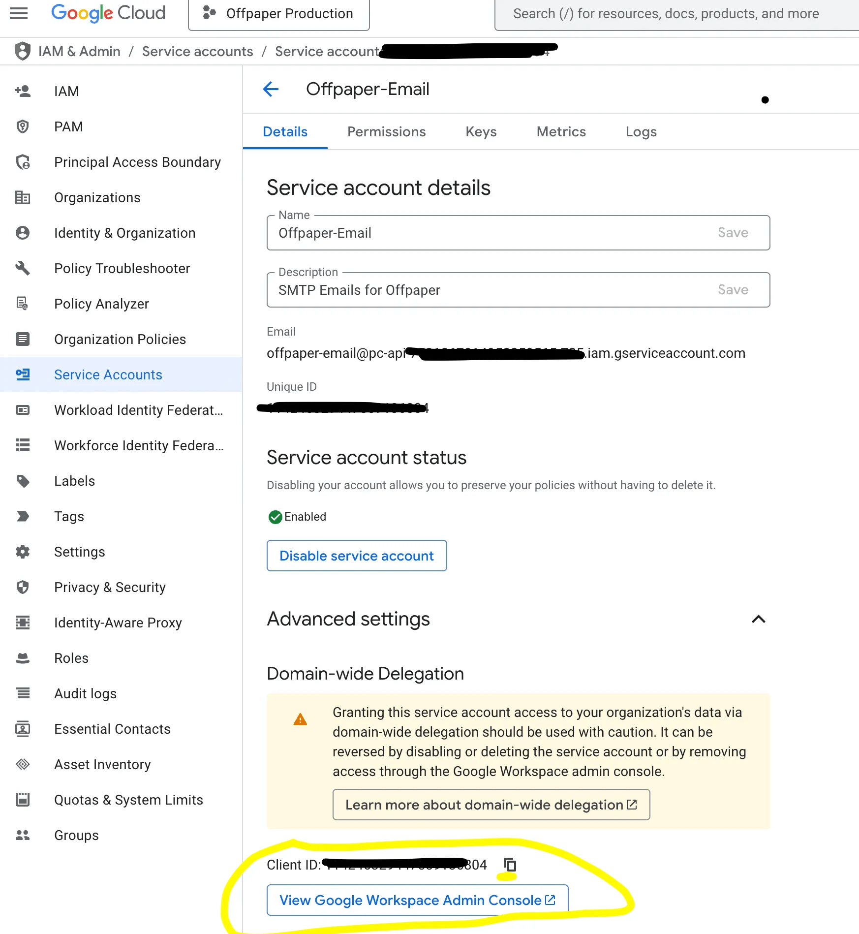 Erweiterte Einstellungen des Dienstkontos mit der Client ID und dem Link zur Google Workspace Admin-Konsole