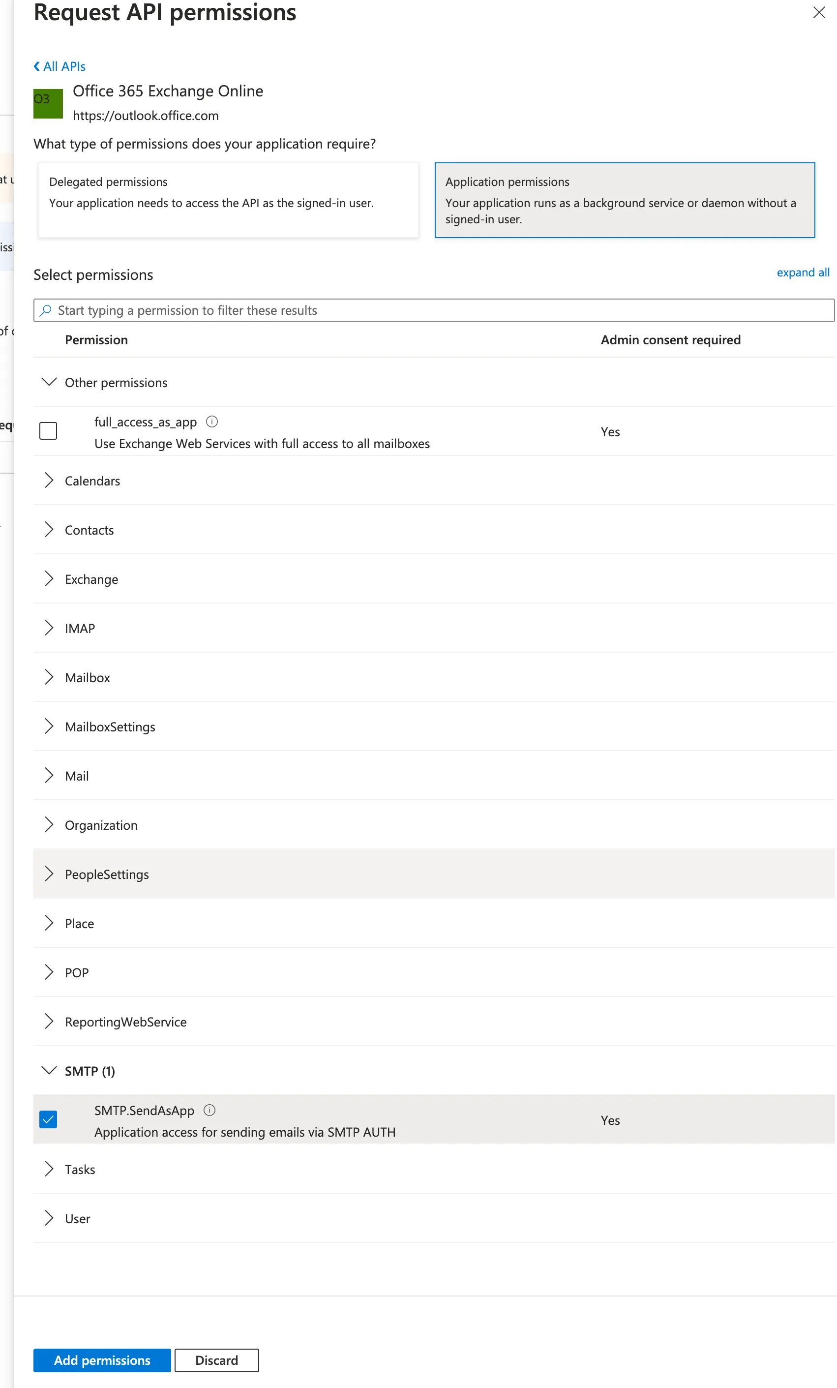 Reiter Application permissions mit der ausgewählten Berechtigung SMTP.SendAsApp