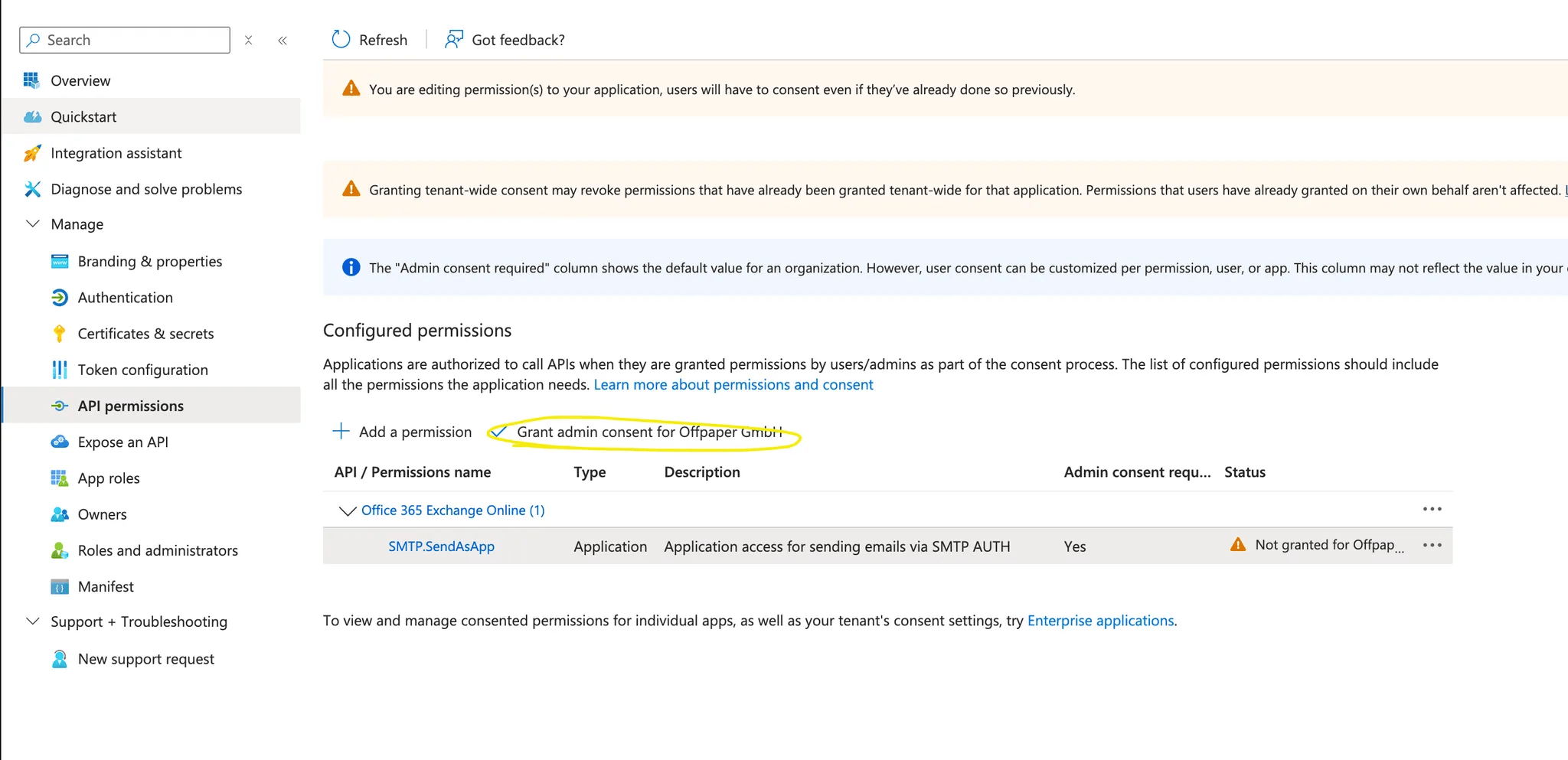 Berechtigungsübersicht mit dem Button Grant admin consent und dem Bestätigungsdialog