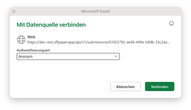 Verbindungsfenster mit der Einstellung Anonym und dem Button Verbinden