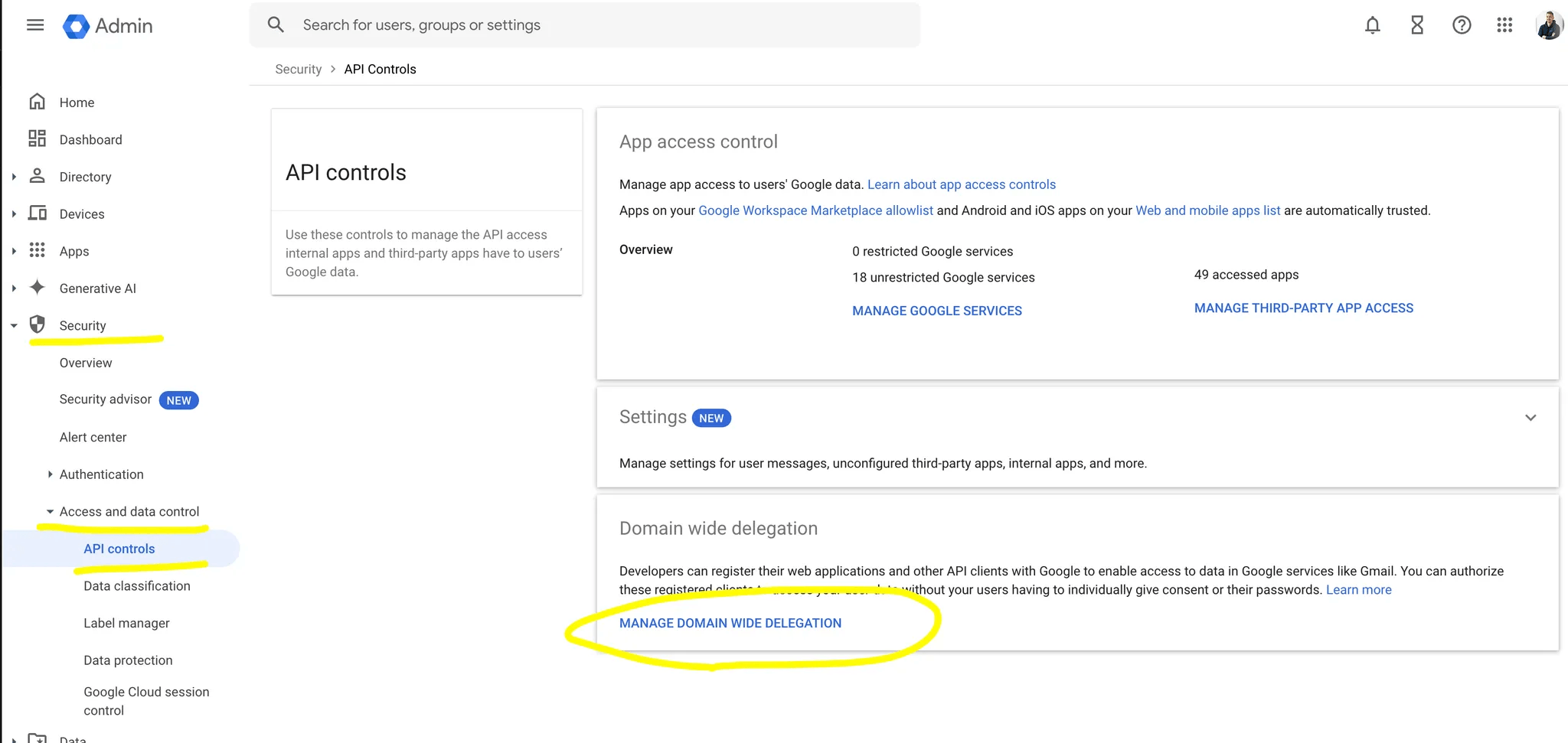 Google-Workspace-Admin-Konsole mit dem Bereich API-Steuerung und der domainweiten Delegierung