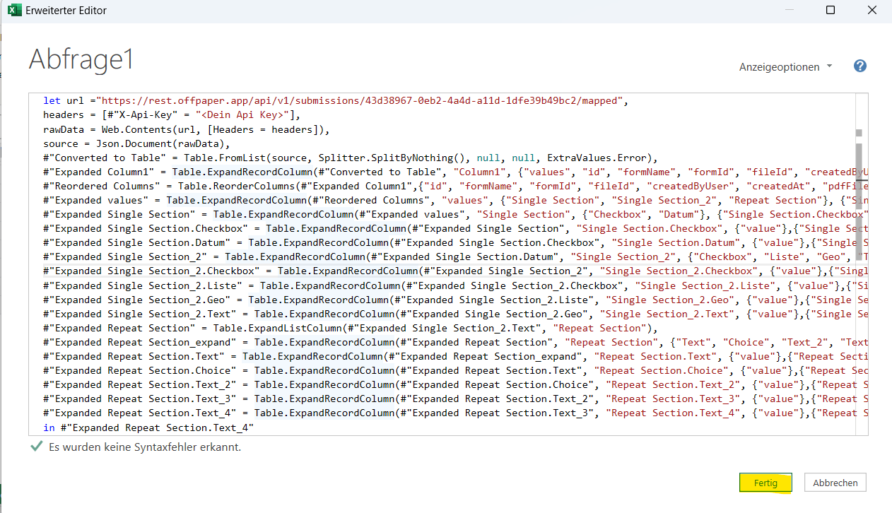 Erweiterter Editor mit eingefügtem Power-Query-Skript und dem Button Fertig