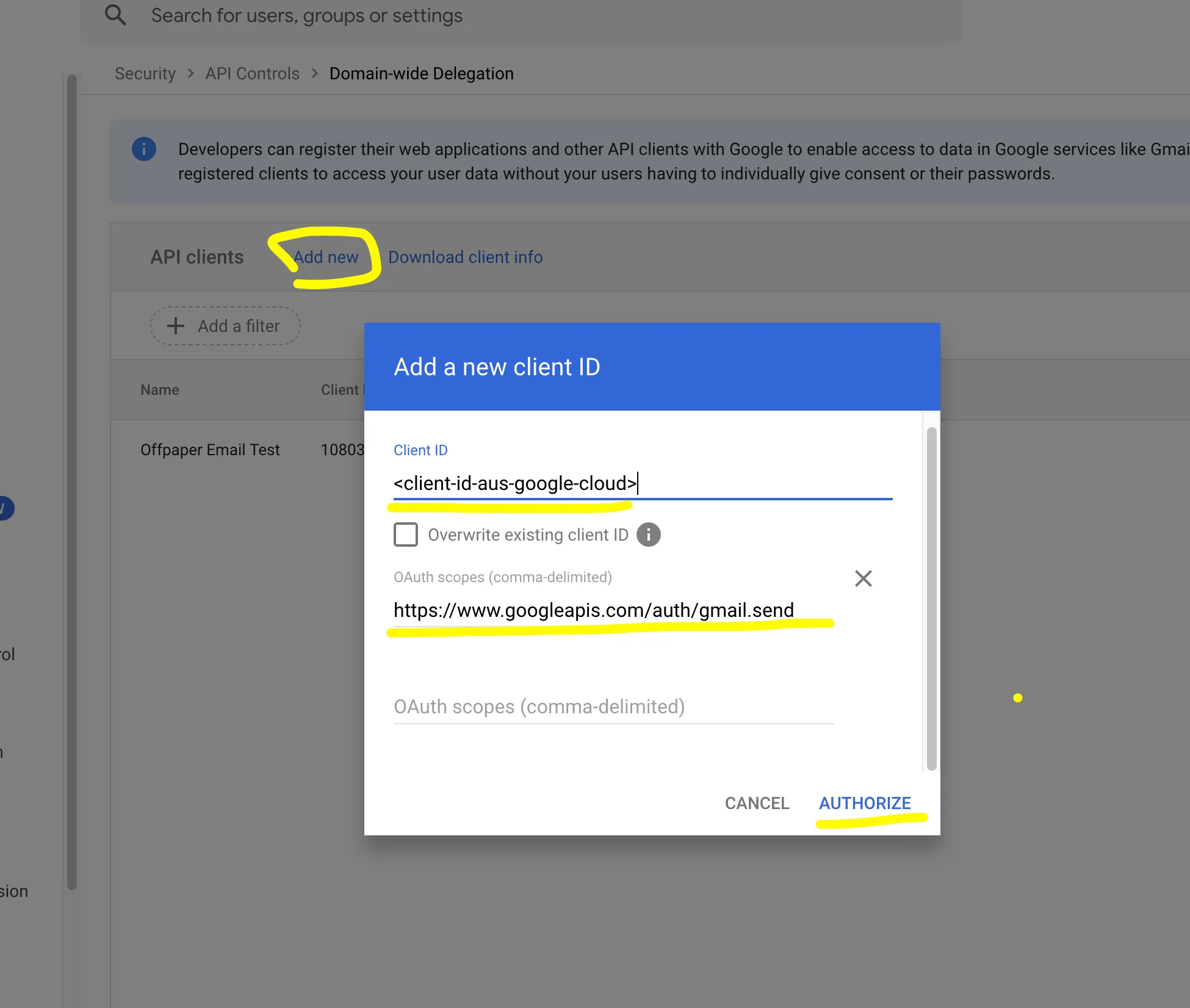 Dialog zum Hinzufügen einer Client-ID mit eingetragenem OAuth-Bereich für den Gmail-Versand