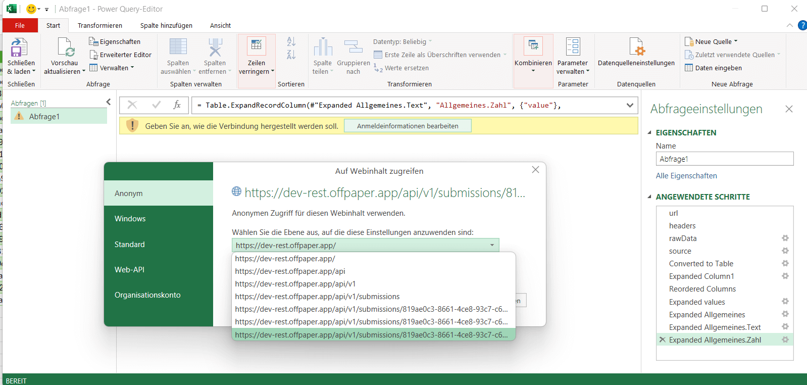 Fehlermeldung zu ungültigen Anmeldeinformationen mit dem Button Anmeldeinformationen bearbeiten