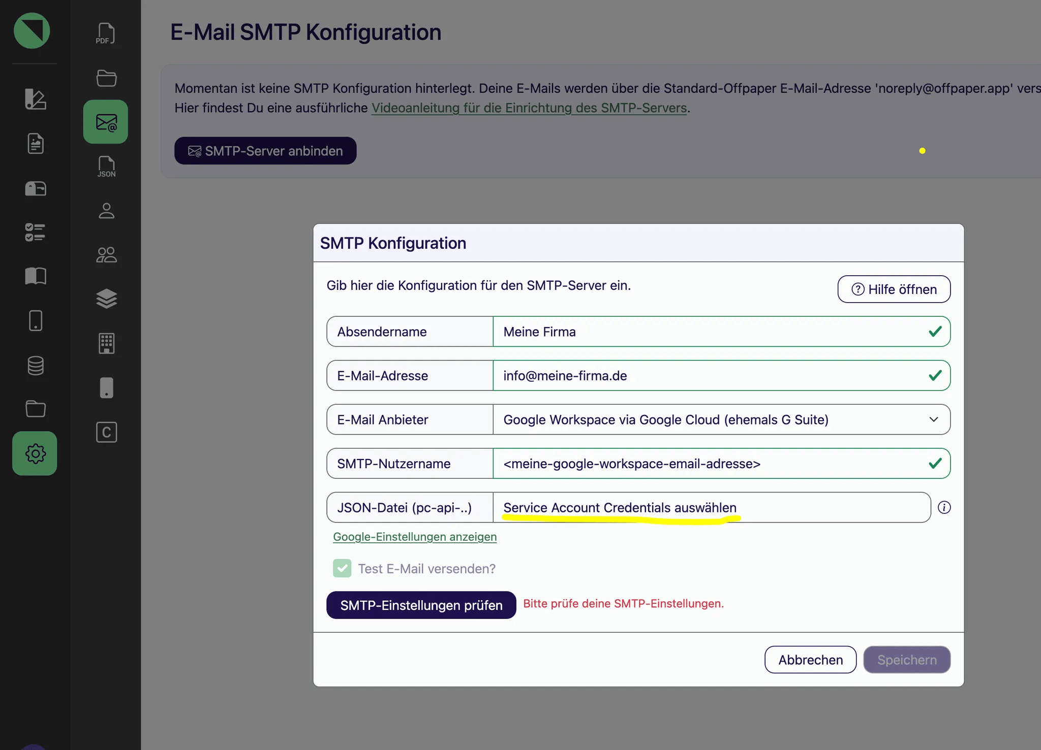SMTP-Modal mit ausgewähltem Anbieter Google Workspace und dem Upload-Feld für die JSON-Datei