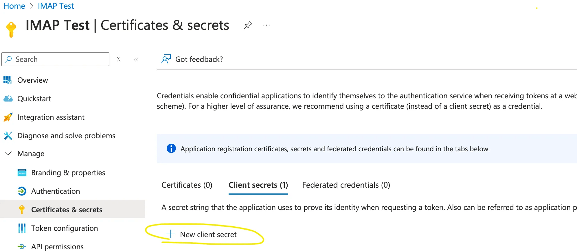 Ansicht Certificates und secrets mit dem Button New client secret