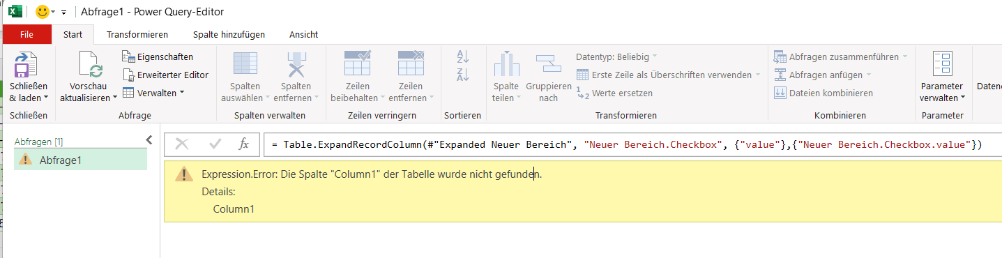 Fehlermeldung, dass eine Spalte der Tabelle nicht gefunden wurde