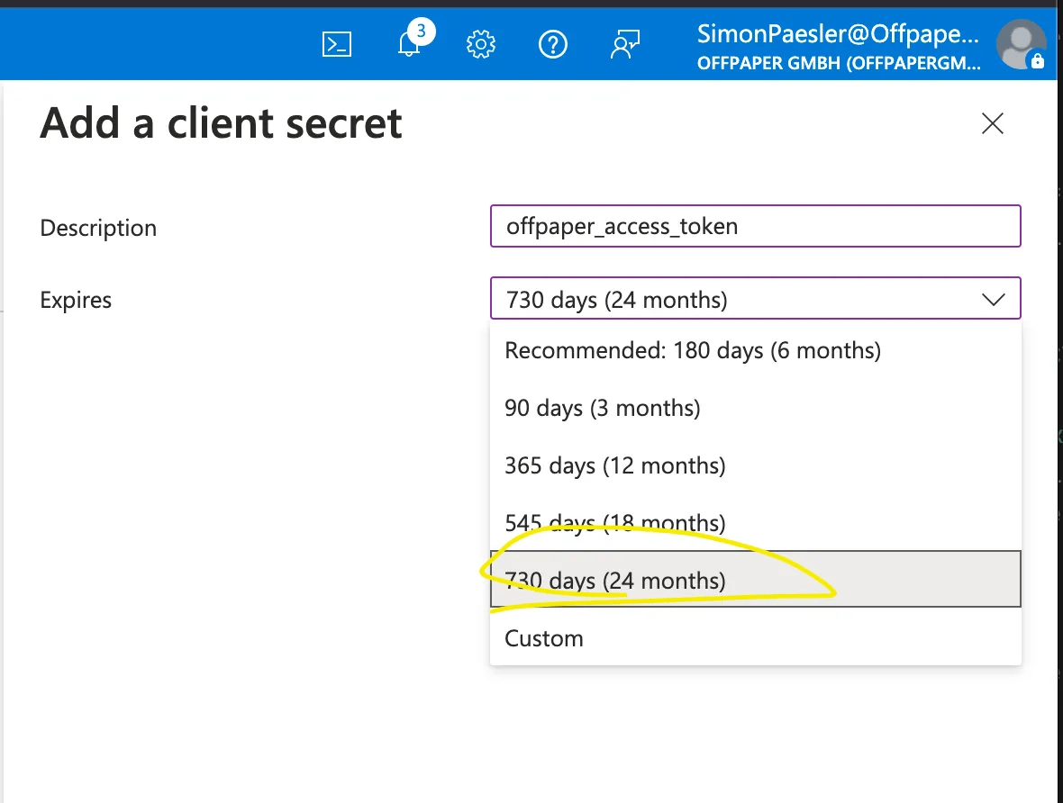 Liste der Client-Secrets mit der Spalte Value des neu erzeugten Schlüssels