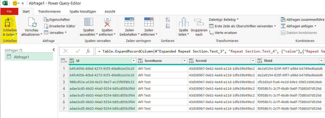 Datenvorschau im Power-Query-Editor mit dem Button Schließen & Laden oben links