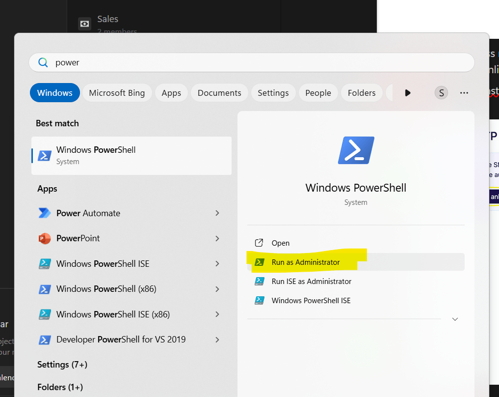 Windows-Startmenü mit der Option, die PowerShell als Administrator auszuführen