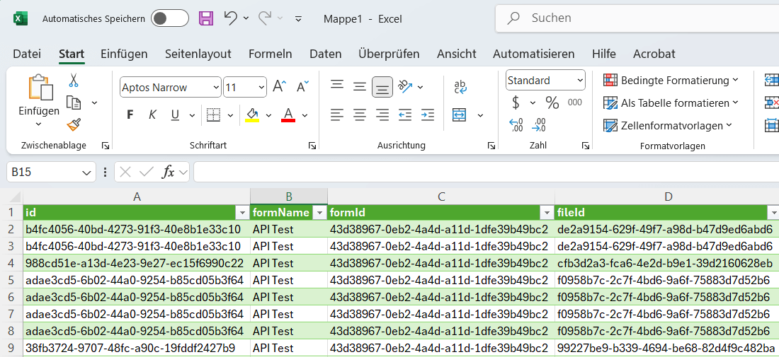 Excel-Tabelle mit geladenen Formulardaten nach dem Speichern der Abfrage