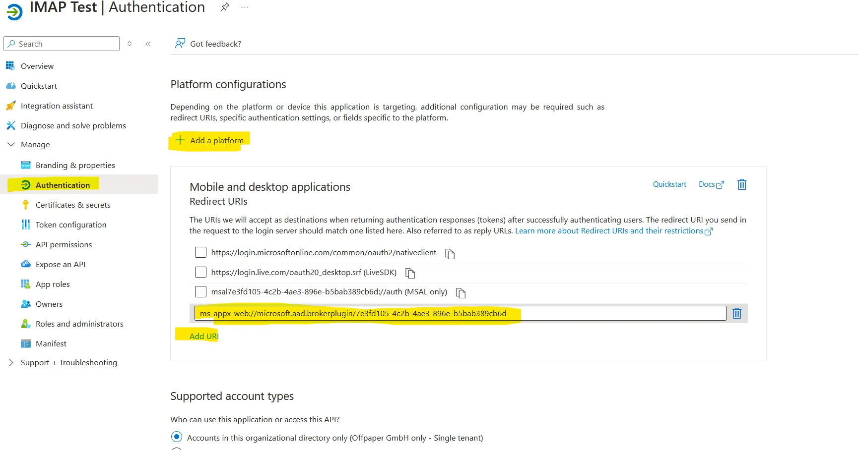 Azure-Ansicht zum Ergänzen einer Redirect URI für die Plattform Mobile and desktop applications