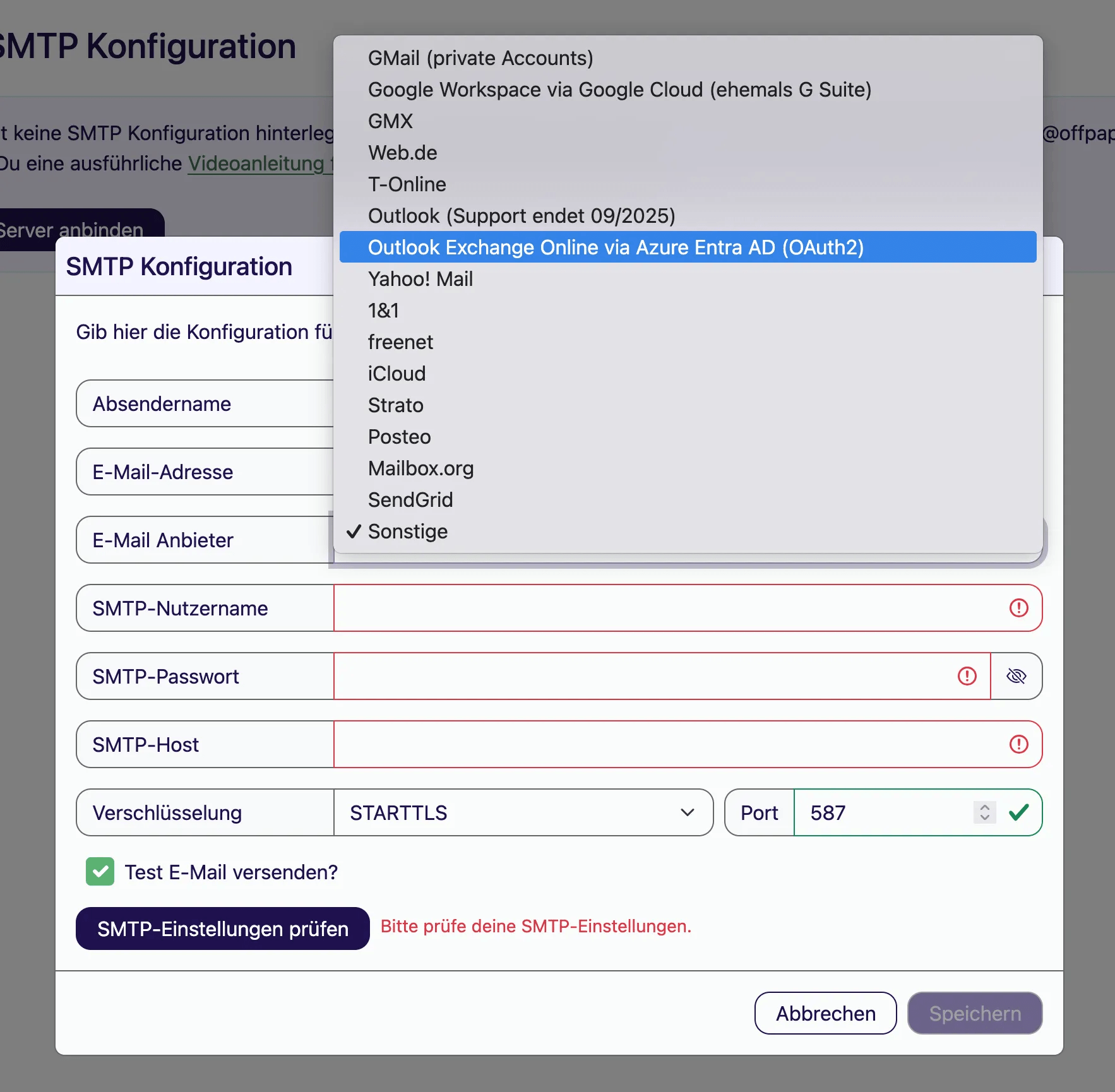 Auswahlliste E-Mail Anbieter mit dem markierten Eintrag Outlook Exchange Online via Azure Entra ID