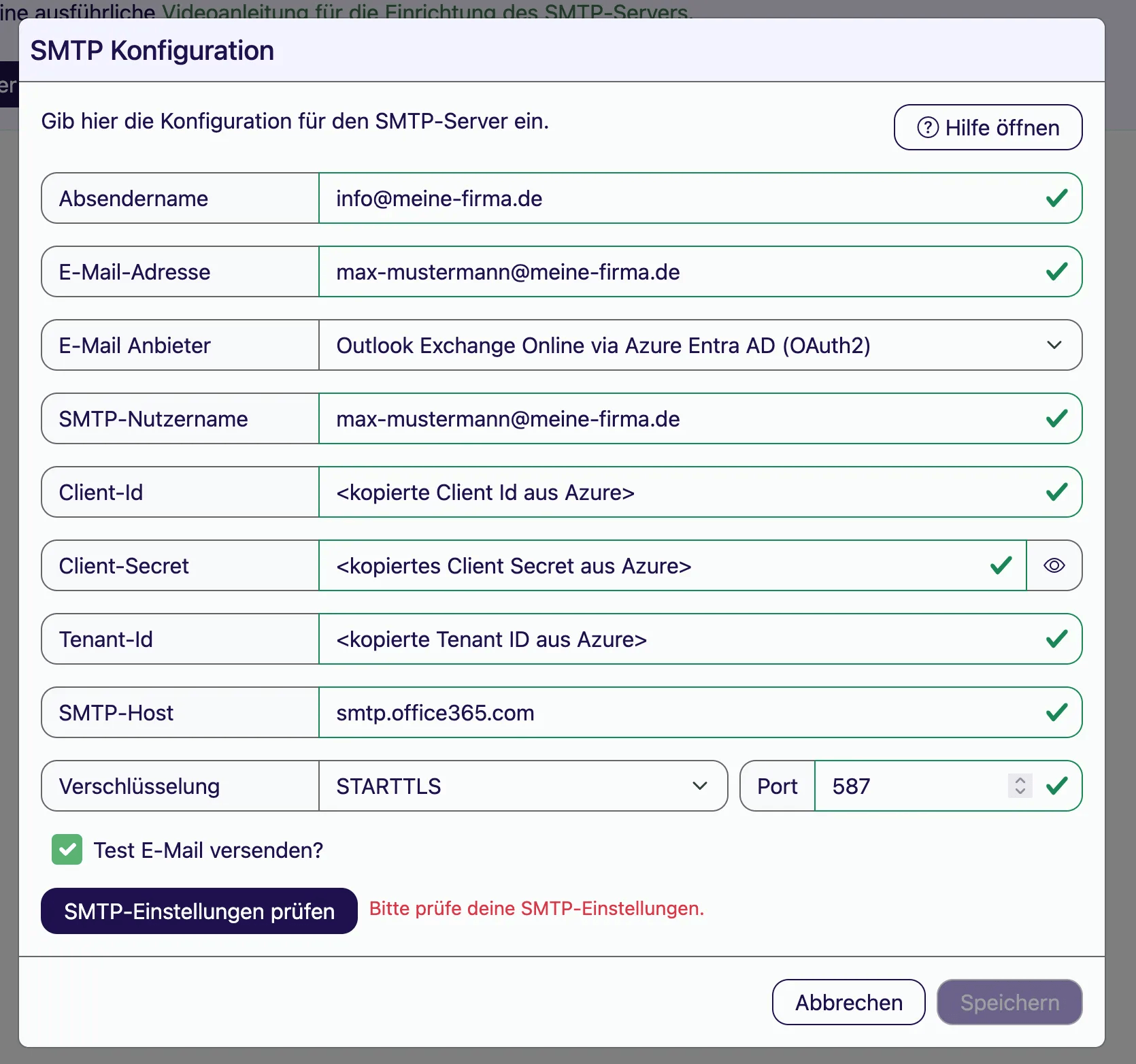 Ausgefülltes SMTP-Modal mit den Feldern Client-Id, Client-Secret und Tenant-Id