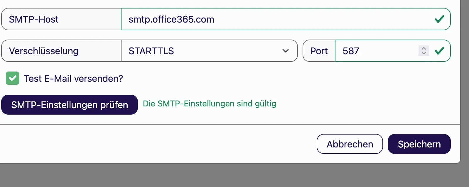 Bestätigung der erfolgreichen SMTP-Prüfung im Modal, darunter der Button Speichern