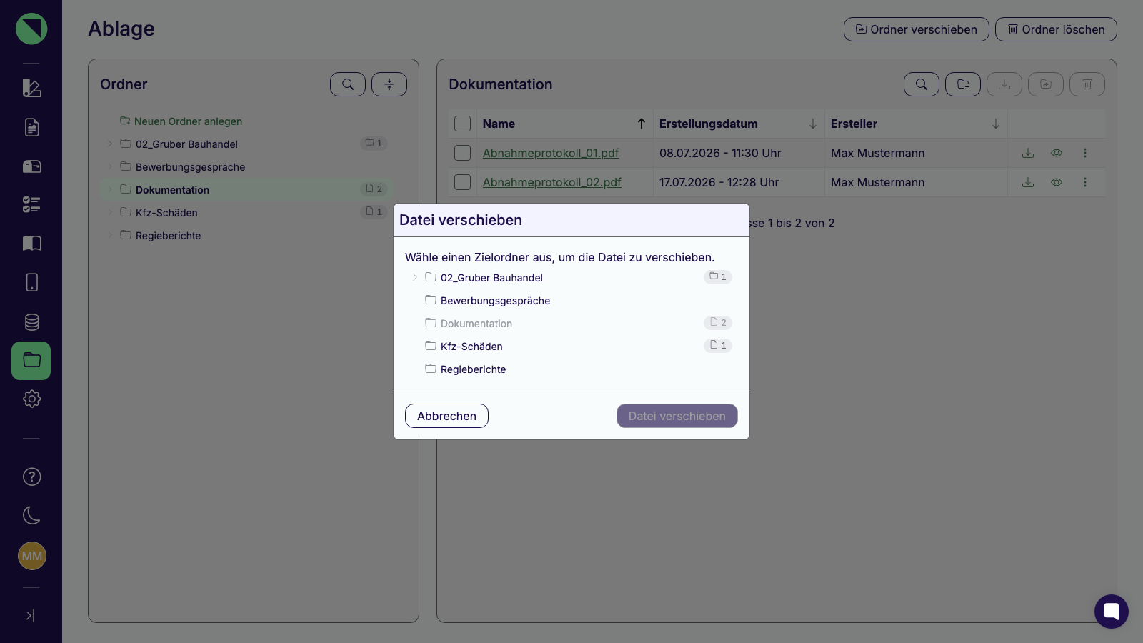 Dialog Datei verschieben mit dem Ordnerbaum samt Zählern zur Auswahl des Zielordners; der aktuelle Ordner Dokumentation ist ausgegraut, der Button Datei verschieben bleibt deaktiviert, solange kein Ziel gewählt ist