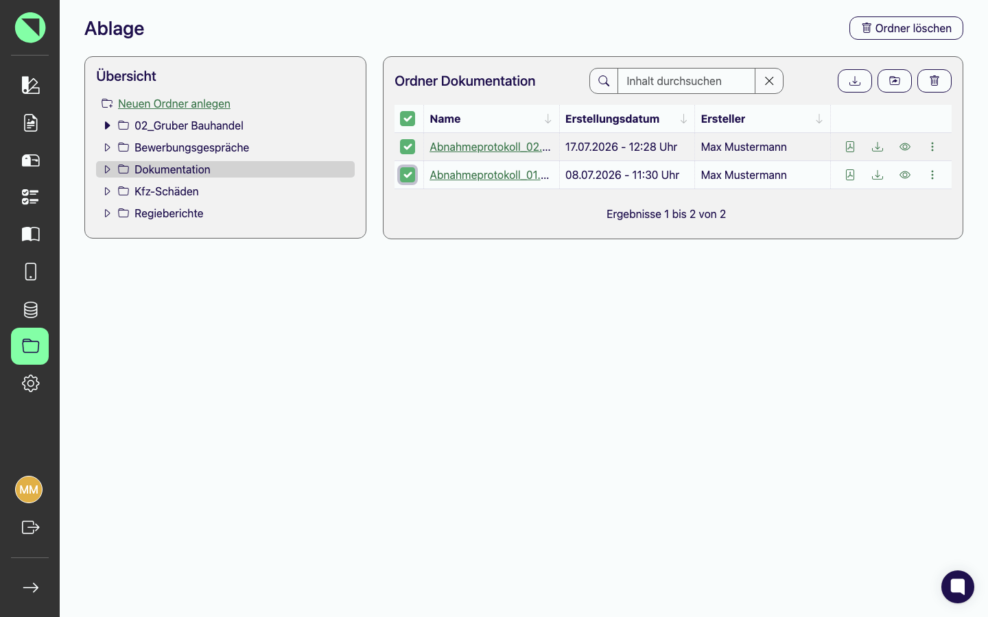 Dateiliste im Ordner Dokumentation mit zwei markierten Checkboxen und aktivierter Toolbar zum Herunterladen, Verschieben und Löschen der Auswahl
