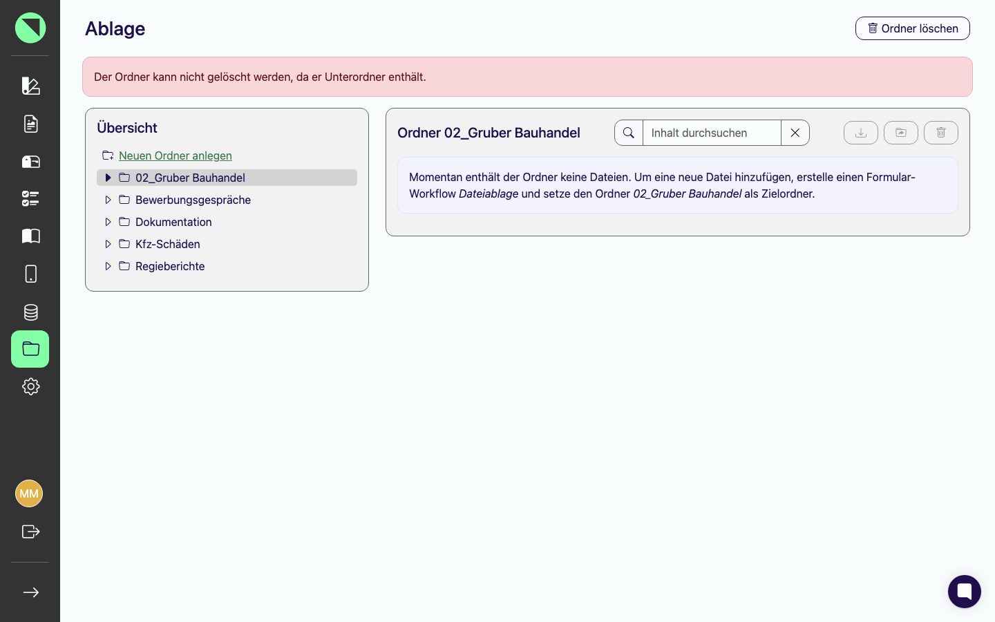Fehlermeldung „Der Ordner kann nicht gelöscht werden, da er Unterordner enthält." beim Versuch, einen Ordner mit Inhalt zu löschen