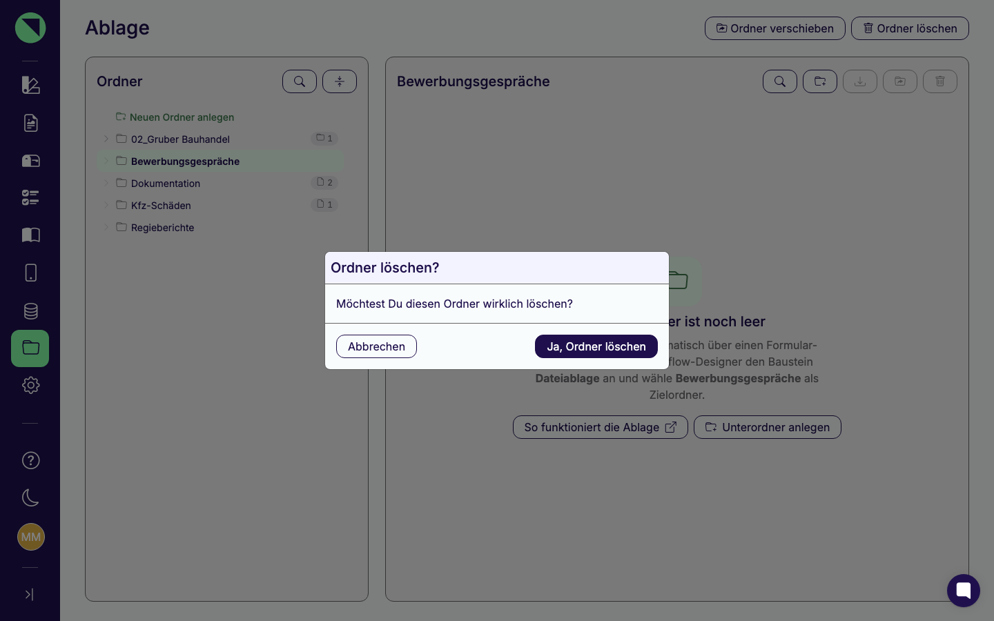 Bestätigungsdialog Ordner löschen? mit den Buttons Abbrechen und Ja, Ordner löschen, ausgelöst für den leeren Ordner Bewerbungsgespräche, der im Baum keinen Zähler trägt