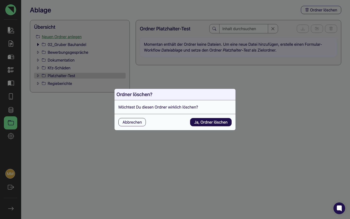 Bestätigungsdialog Ordner löschen? mit den Buttons Abbrechen und Ja, Ordner löschen