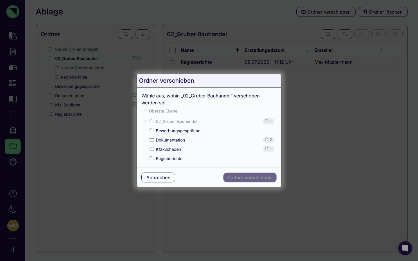 Dialog „Ordner verschieben" mit dem Eintrag Oberste Ebene ganz oben, darunter der Ordnerbaum zur Auswahl des Zielordners und der Button Ordner verschieben