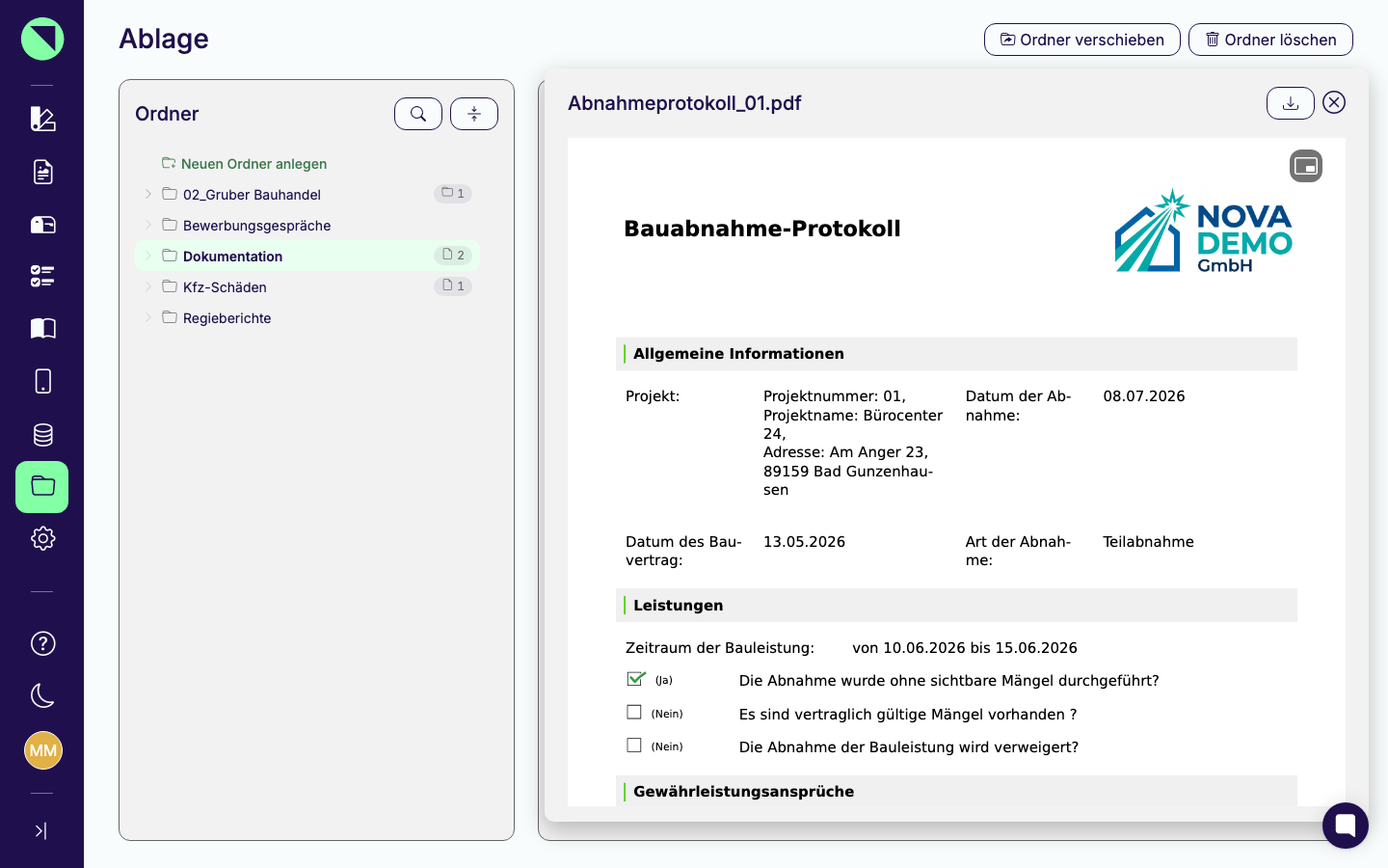 Geöffnete PDF-Vorschau von Abnahmeprotokoll_01.pdf über der Dateiliste, oben rechts die Buttons Herunterladen und Vorschau schließen