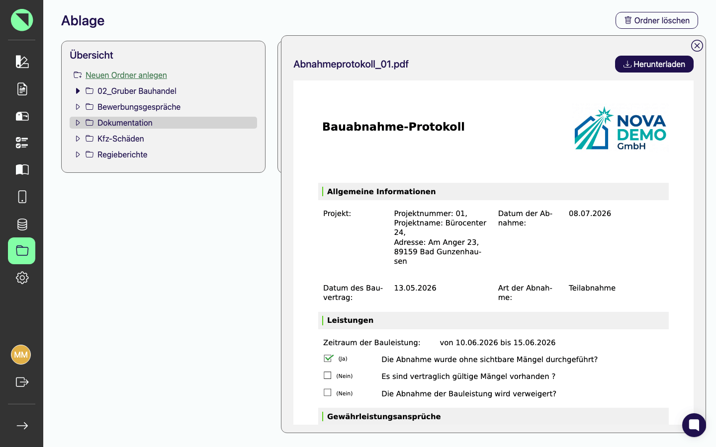 Geöffnete PDF-Vorschau als Overlay über der Ablage nach Klick auf den Dateinamen Abnahmeprotokoll_01.pdf