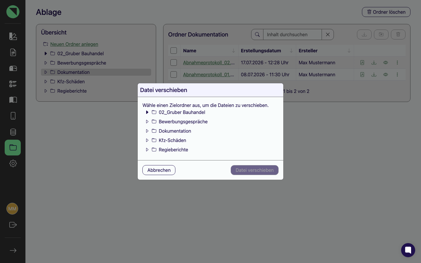Modal Datei verschieben mit Ordnerbaum zur Auswahl des Zielordners und deaktiviertem Button, solange kein Ordner gewählt ist