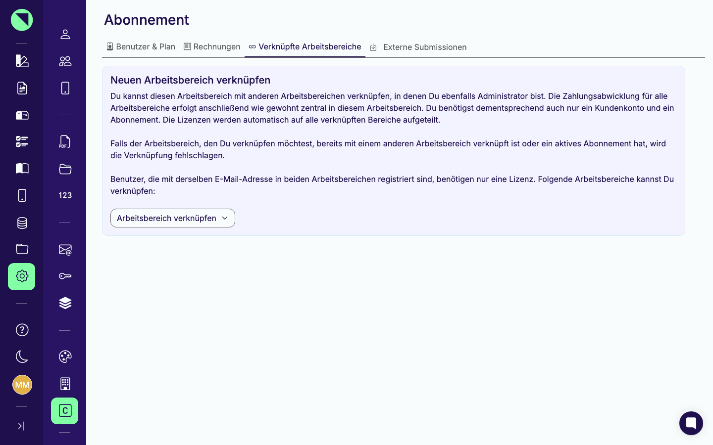 Karte „Neuen Arbeitsbereich verknüpfen" mit dem Erklärtext zur zentralen Zahlungsabwicklung und der Auswahlliste „Arbeitsbereich verknüpfen"