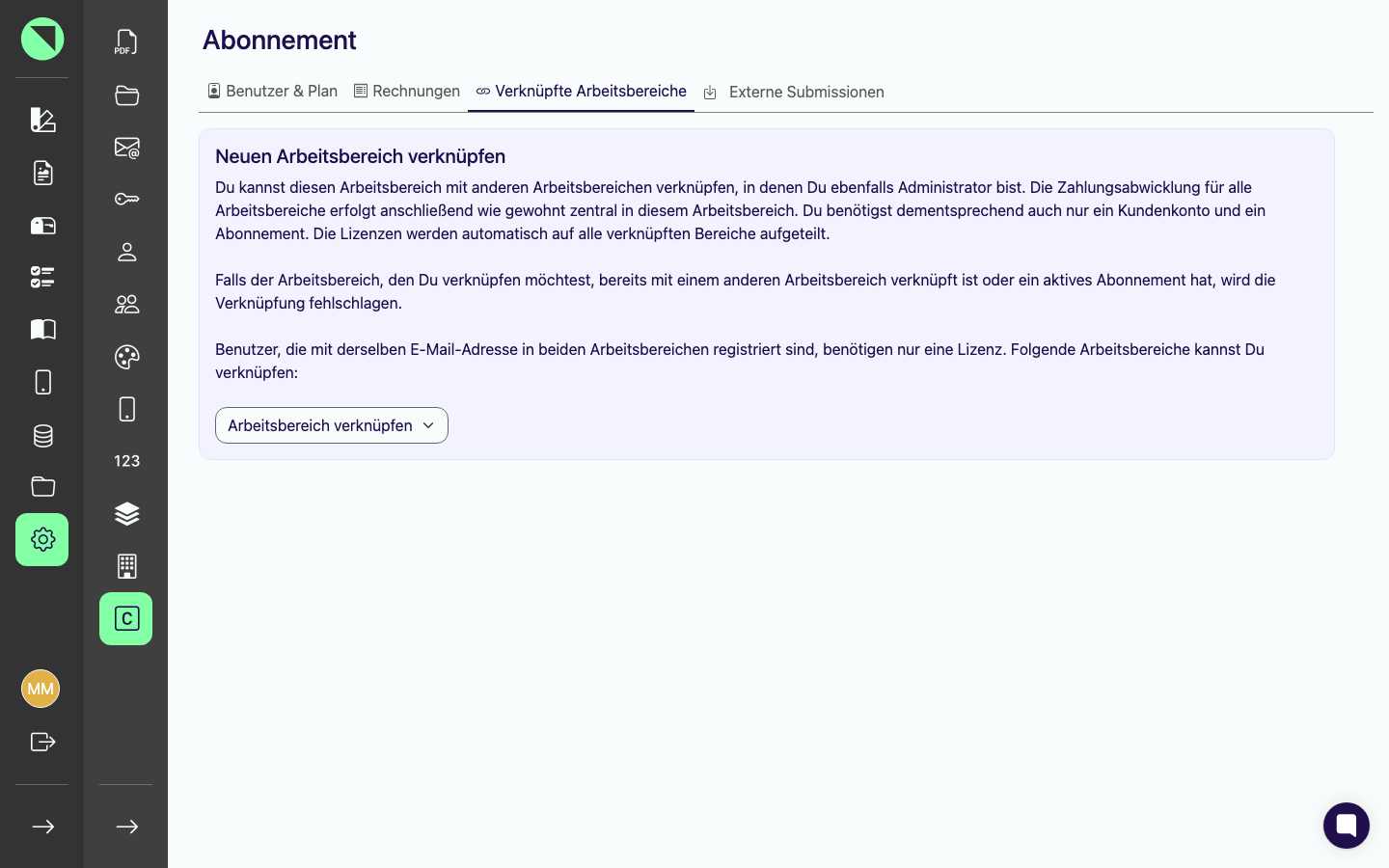 Karte „Neuen Arbeitsbereich verknüpfen" mit dem Erklärtext zur zentralen Zahlungsabwicklung und der Auswahlliste „Arbeitsbereich verknüpfen"