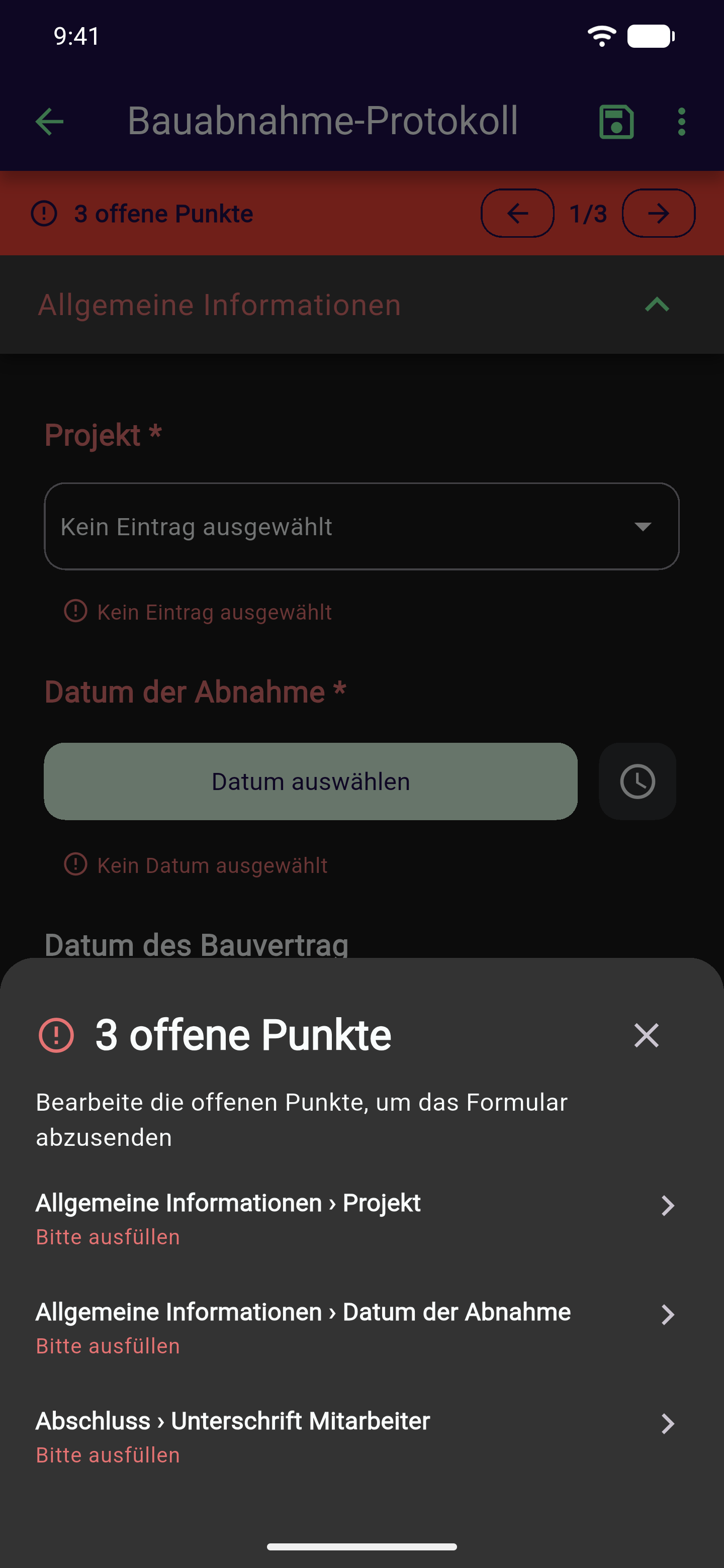 Formular mit geöffneter Liste "3 offene Punkte", je Zeile der Pfad zum Feld und der Grund Bitte ausfüllen, darüber die rote Leiste mit Zähler und Pfeilen