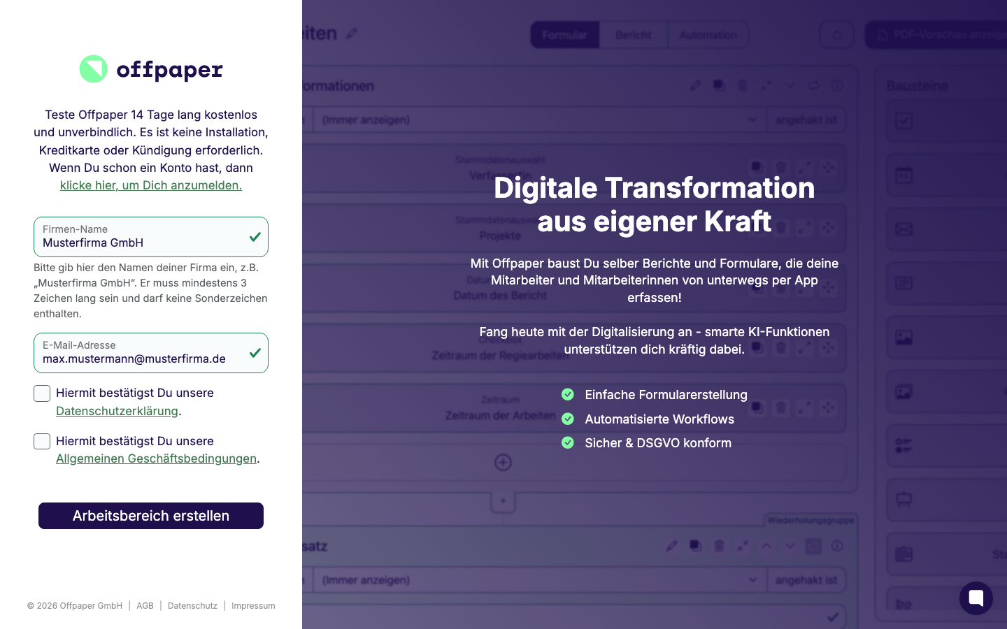 Formular Offpaper-Konto erstellen mit dem Hinweis auf 14 Tage kostenlosen Test, den ausgefüllten Feldern Firmen-Name Musterfirma GmbH und E-Mail-Adresse, den beiden Kästchen für Datenschutzerklärung und Allgemeine Geschäftsbedingungen sowie dem Button Arbeitsbereich erstellen