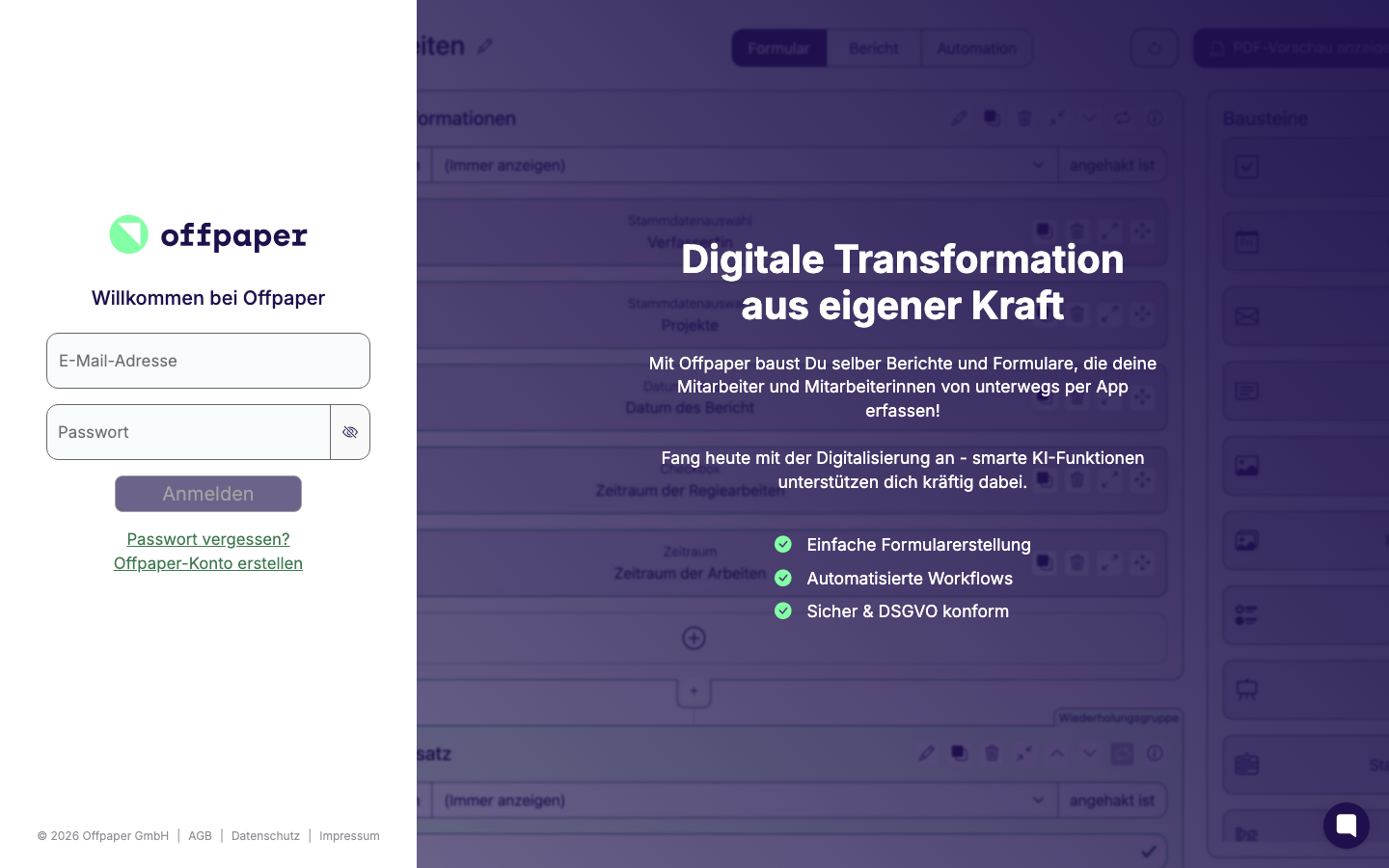 Anmeldemaske des Formularbaukastens mit dem Offpaper-Logo, der Überschrift Willkommen bei Offpaper, den Feldern E-Mail-Adresse und Passwort, dem noch ausgegrauten Button Anmelden sowie den Links Passwort vergessen? und Offpaper-Konto erstellen