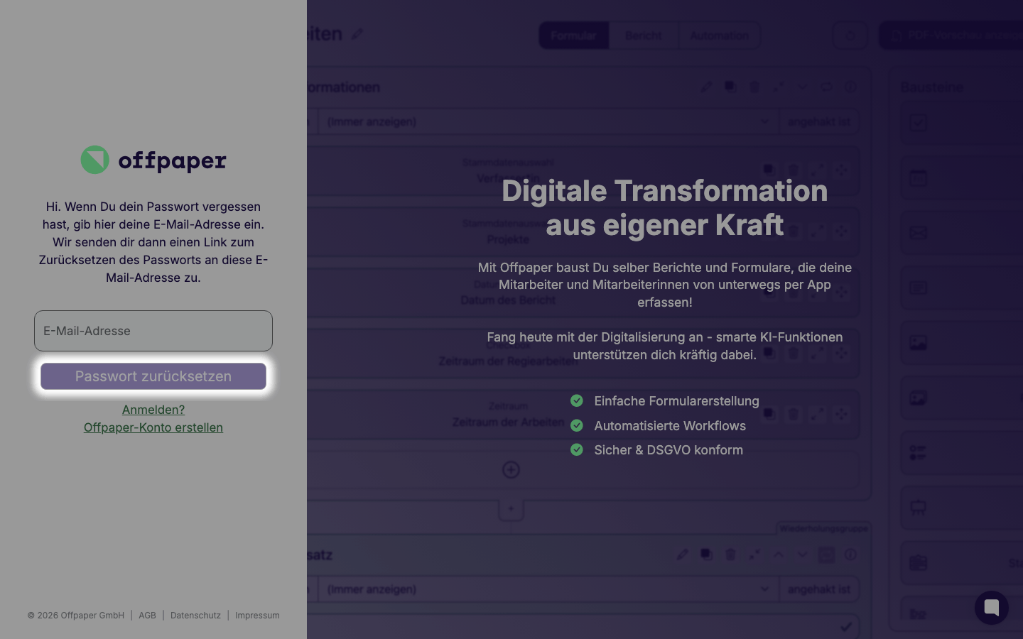 Anmeldemaske im Modus Passwort vergessen mit dem Erklärtext, dem Feld E-Mail-Adresse und dem hervorgehobenen Button Passwort zurücksetzen, darunter die Links Anmelden? und Offpaper-Konto erstellen