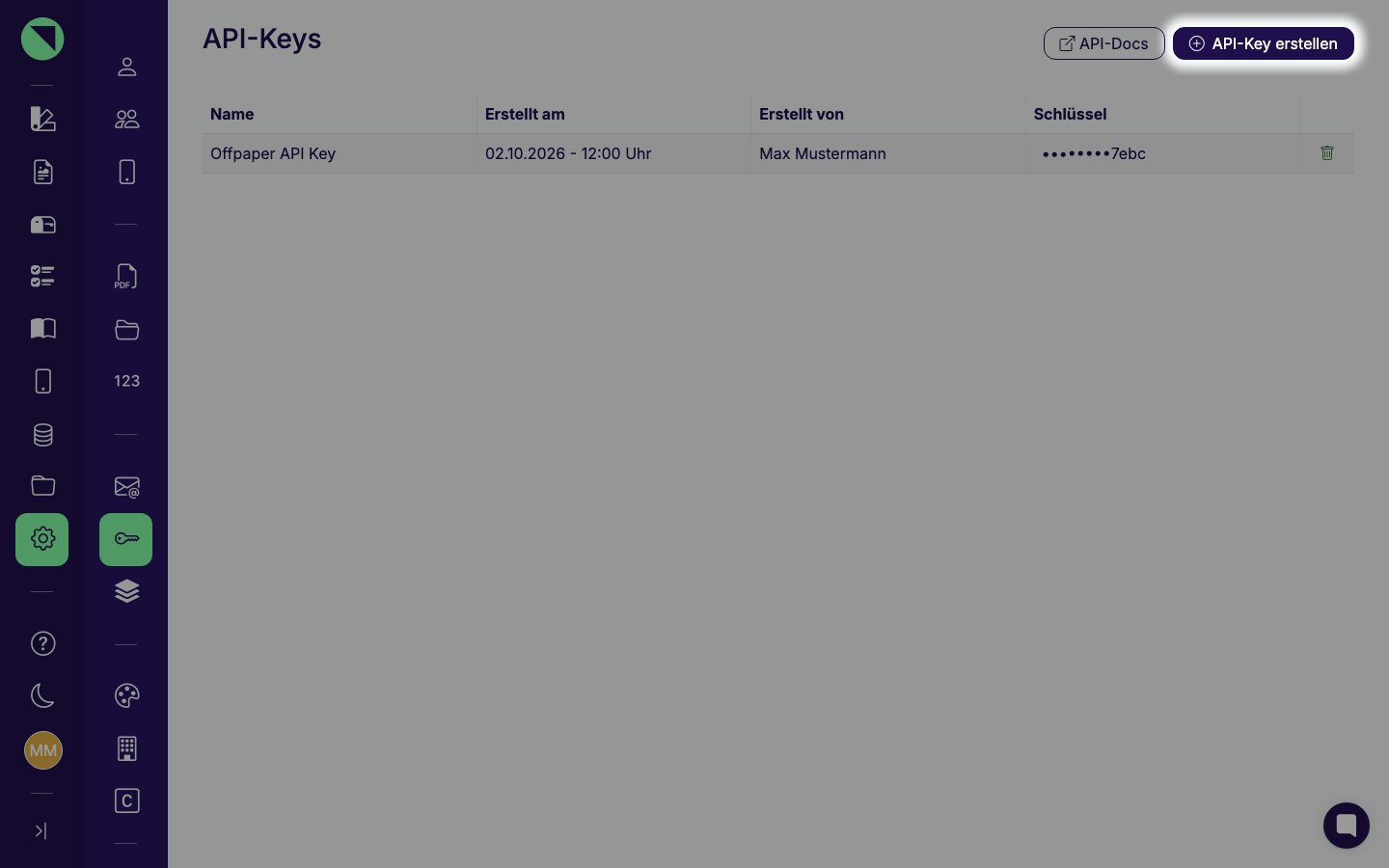Seite „API-Keys" im Expert Plan mit einem bereits angelegten Schlüssel in der Liste und dem hervorgehobenen Button „API-Key erstellen" oben rechts