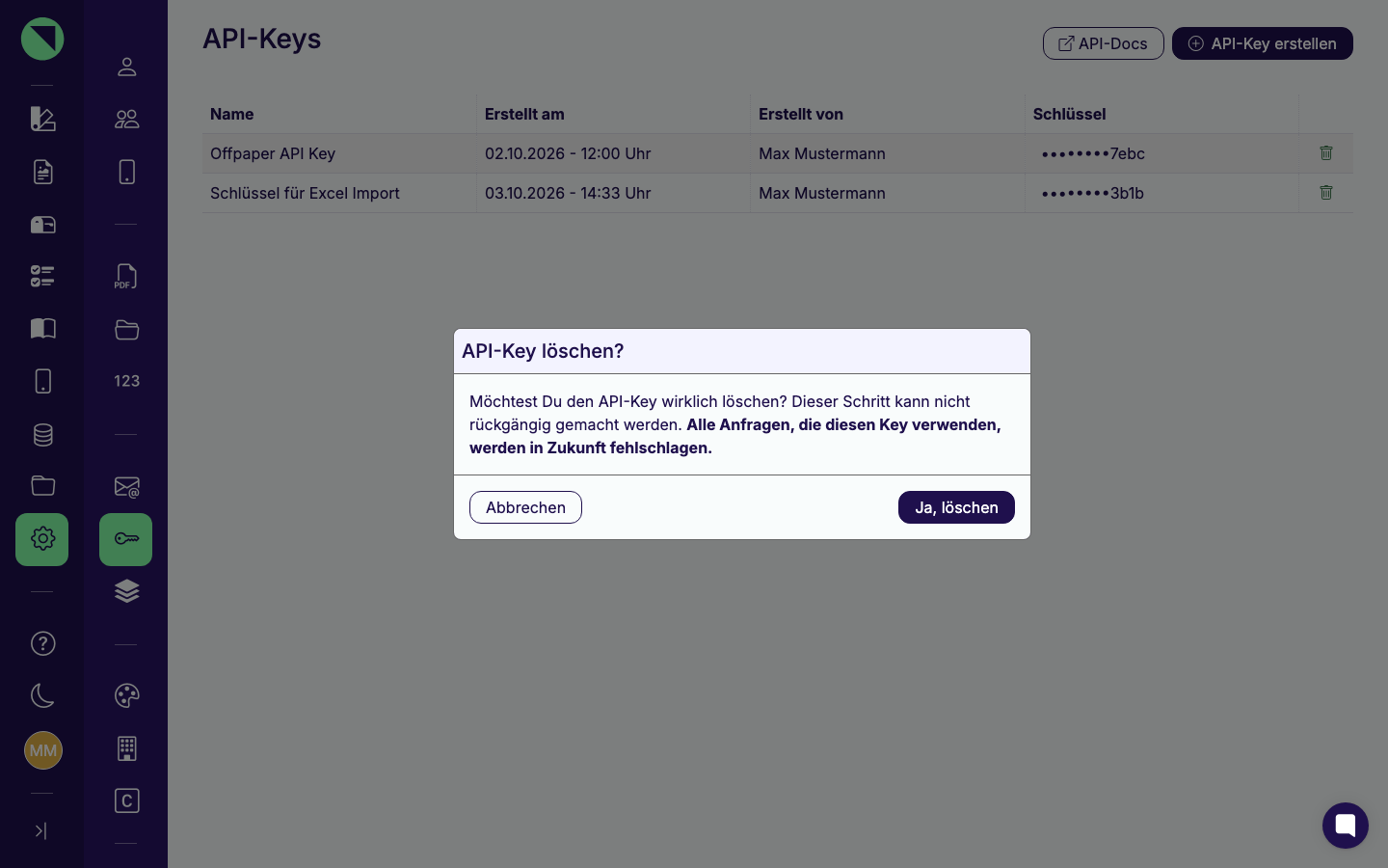 Bestätigungsdialog „API-Key löschen?" mit dem vollständigen Warntext und den Buttons zum Abbrechen und zum Bestätigen mit Ja, löschen